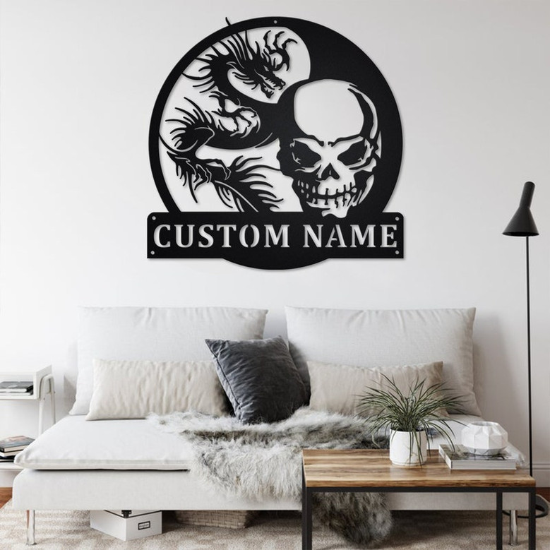 Custom Skull And Dragon Metal Wall Art, Personalized Skull And Dragon Name Sign Decoration For Room, Skull And Dragon Home Decor