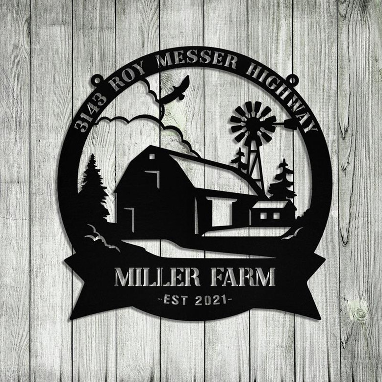 Personalized Metal Farm Sign Barn Windmill Monogram Custom Outdoor Farmhouse Entry Road Front Gate Wall Decor Gift