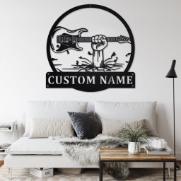 Custom Hand Holding Electric Guitar Metal Wall Art, Personalized Electric Guitar Name Sign Decoration For Room, Electric Guitar Home Decor