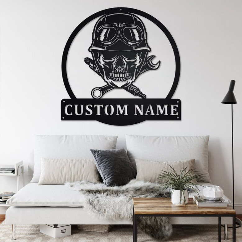 Custom Biker Skull Metal Wall Art, Personalized Biker Name Sign Decoration For Room, Biker Skull Metal Home Decor, Custom Biker, Biker Skull