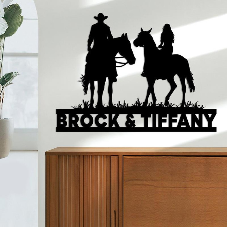 Personalized Couple Horses Cowgirl Cowboy Metal Sign, Western Horseshoe Couple, Riders Mr & Mrs Monogram, Metal Wall Art Decor