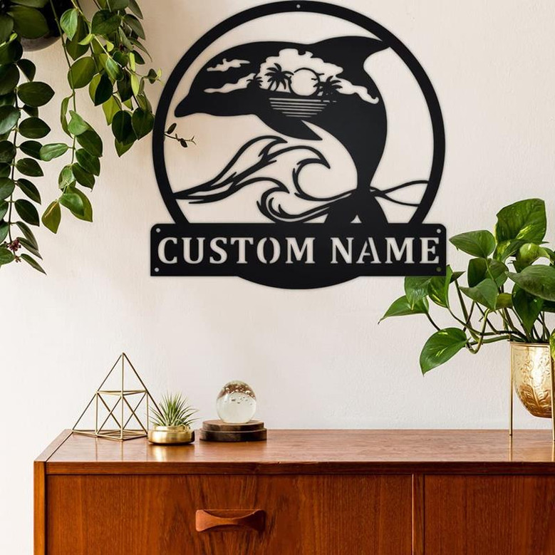 Custom Name Sign Personalized Last Name Metal Sign Dolphin Beach Theme Metal Wall Art Dolphin Lover Gift Wedding Gift