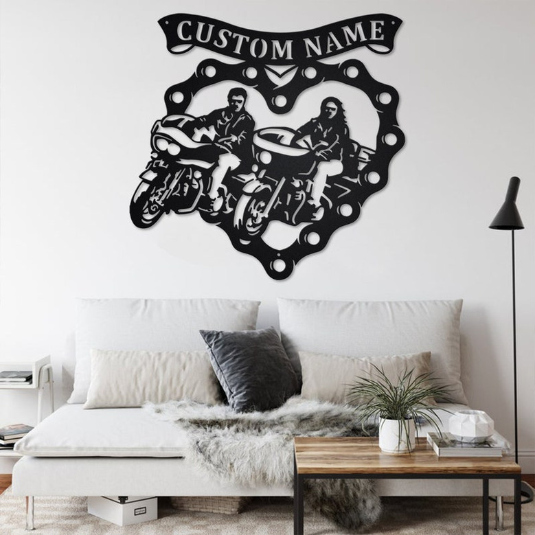 Custom Sweetheart Motorcycle Riding Couple Metal Wall Art, Personalized Motorcycle Name Sign Decoration For Room, Motorcycle Home Decor