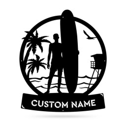 Custom Longboard Male Surfer Monogram Metal Sign Decor, Must Have Summer Decor