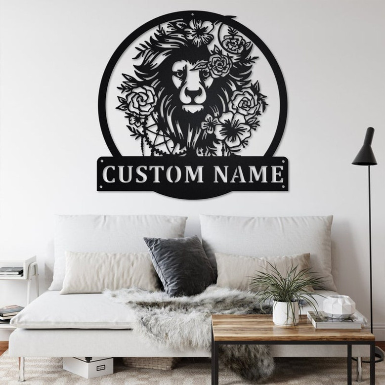 Custom Lion Floral Metal Wall Art, Personalized Lion Name Sign Decoration For Room, Lion Metal Home Decor, Custom Lion, Lion Floral Decor