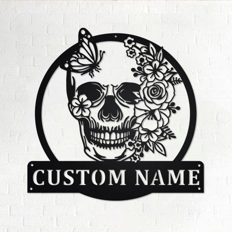 Custom Skull Flower With Butterfly Metal Wall Art, Personalized Skull Name Sign Decoration For Room, Skull Metal Home Decor, Custom Skull