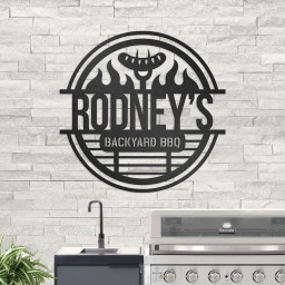 Barbecue Sign With Flames Custom Text, Personalized Metal Sign For Outdoor Grill