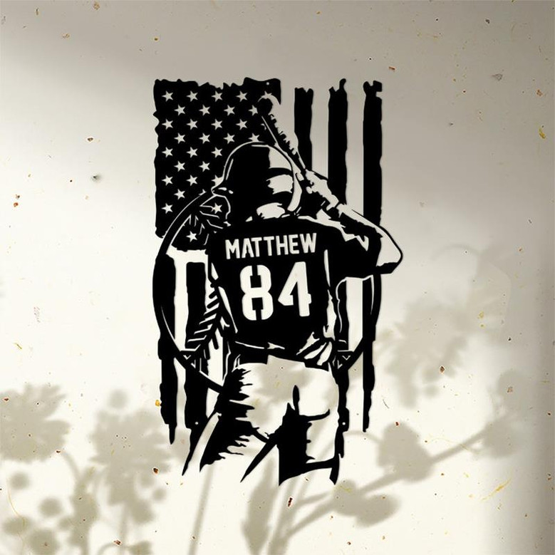 Personalized Baseball Player With US Flag Metal Sign, Sport Wall Art With Custom Name & Number For Decor, Birthday Gift, Baseball Gift