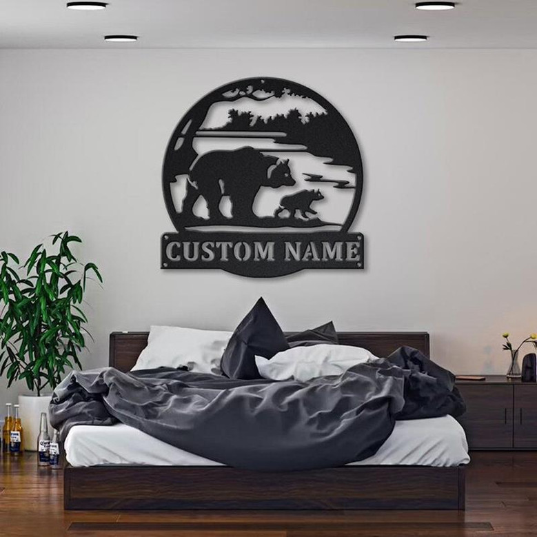 Personalized Bear & Cub Scenic Monogram Metal Sign Art, Custom Bear Cub Scenic Metal Wall Art