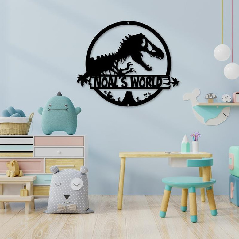 T-Rex Dinosaur Metal Wall Art, Personalized T-Rex Metal Sign, Kids Room Decoration, Dino Lover Gift For Children
