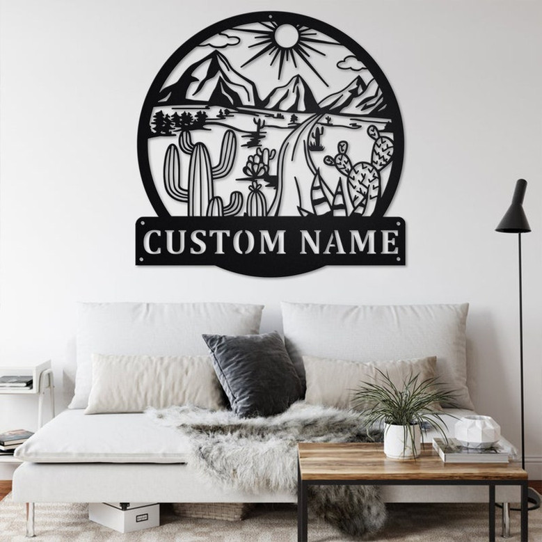 Custom Round Landscape With Cactus Metal Wall Art, Personalized Cactus Name Sign Decoration For Room, Cactus Metal Home Decor, Custom Cactus