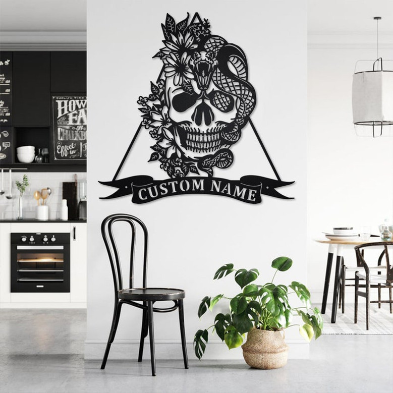 Custom Floral Snake Skull Metal Wall Art, Personalized Snake Skull Name Sign Decoration For Room, Snake Skull Home Decor, Custom Snake Skull