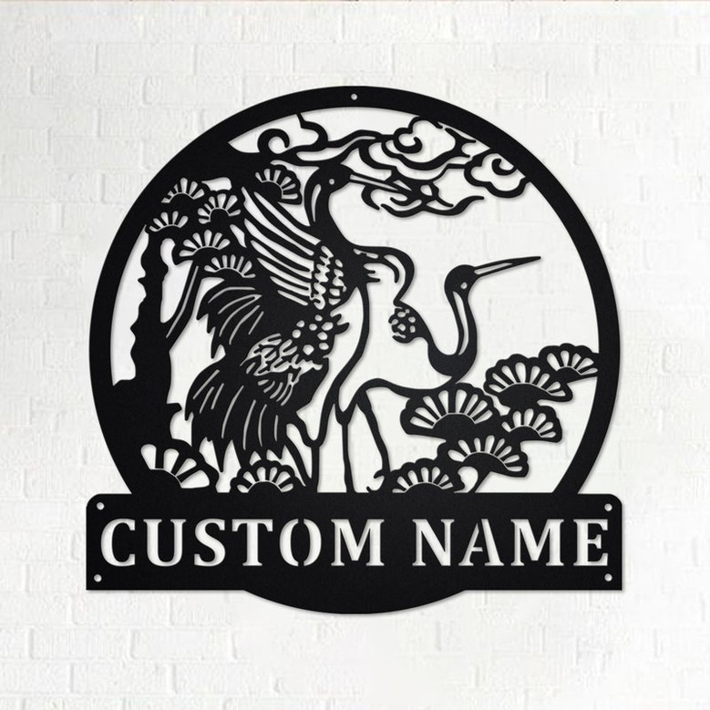 Custom Cranes Pine Tree Metal Wall Art, Personalized Crane Name Sign Decoration For Room, Crane Home Decor, Custom Crane, Crane Animal Lover
