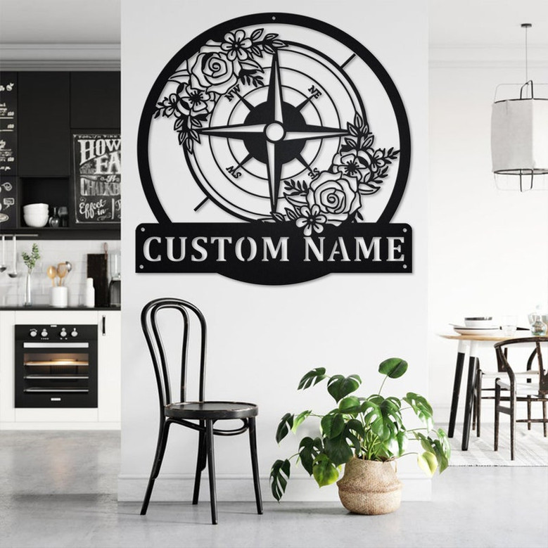 Custom Floral Compass Metal Wall Art, Personalized Compass Name Sign Decoration For Room, Compass Metal Home Decor, Custom Compass