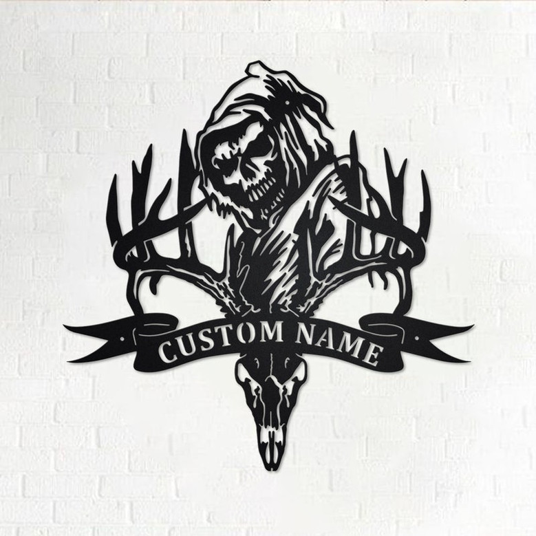Custom Deer Skull Bone Hunting Grim Reaper Metal Wall Art, Personalized Deer Hunting Name Sign Decoration For Room, Deer Hunting Home Decor