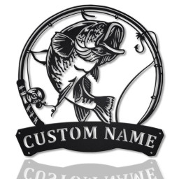 Personalized Largemouth Bass Fish Pole Monogram Metal Sign Art | Largemouth Bass Metal Sign | Fishing Lover Sign Decoration For Living Room