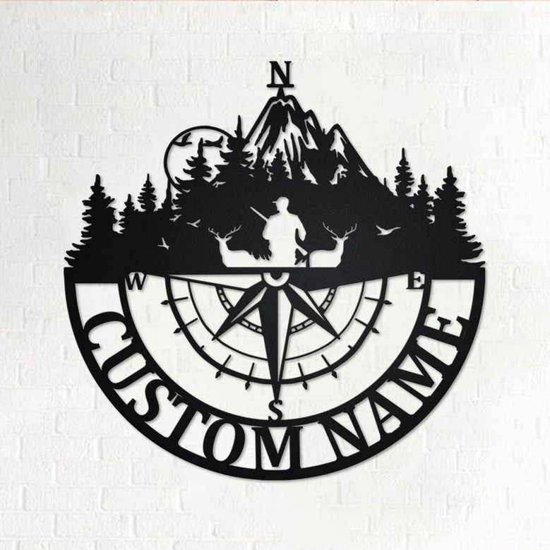 Custom Deer Hunter Compass Metal Wall Art, Personalized Deer Hunter Name Sign Decoration For Room, Deer Hunter Home Decor,Custom Deer Hunter
