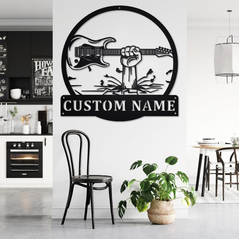Custom Hand Holding Electric Guitar Metal Wall Art, Personalized Electric Guitar Name Sign Decoration For Room, Electric Guitar Home Decor