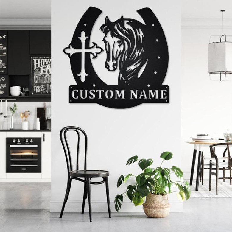 Custom Large Horseshoe With Horse Head And Cross Metal Wall Art, Personalized Horse Name Sign Decoration For Room,Horse And Cross Home Decor