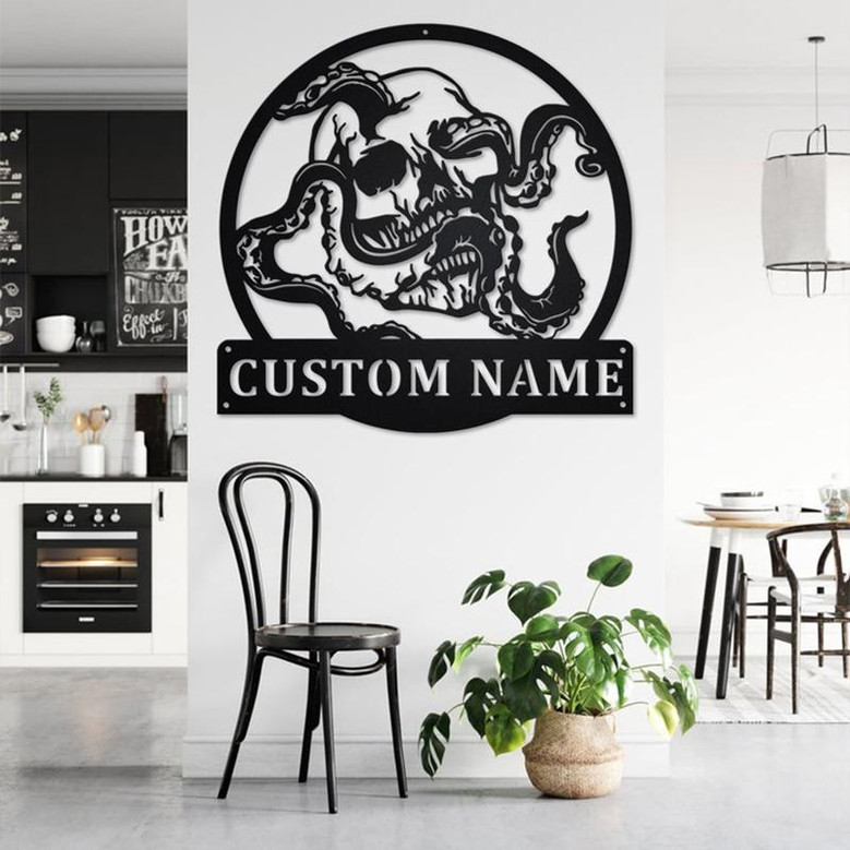 Custom Octopus Skull Metal Wall Art, Personalized Octopus Name Sign Decoration For Room, Octopus Metal Home Decor, Custom Octopus