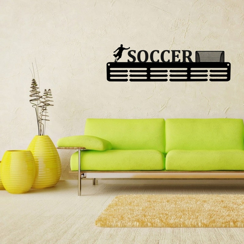 Customized Soccer Sport Medal Hanger Metal sign - 12 Rungs for medals & Ribbons, Show Team Spirit, metal sign wall decor, medal award holder