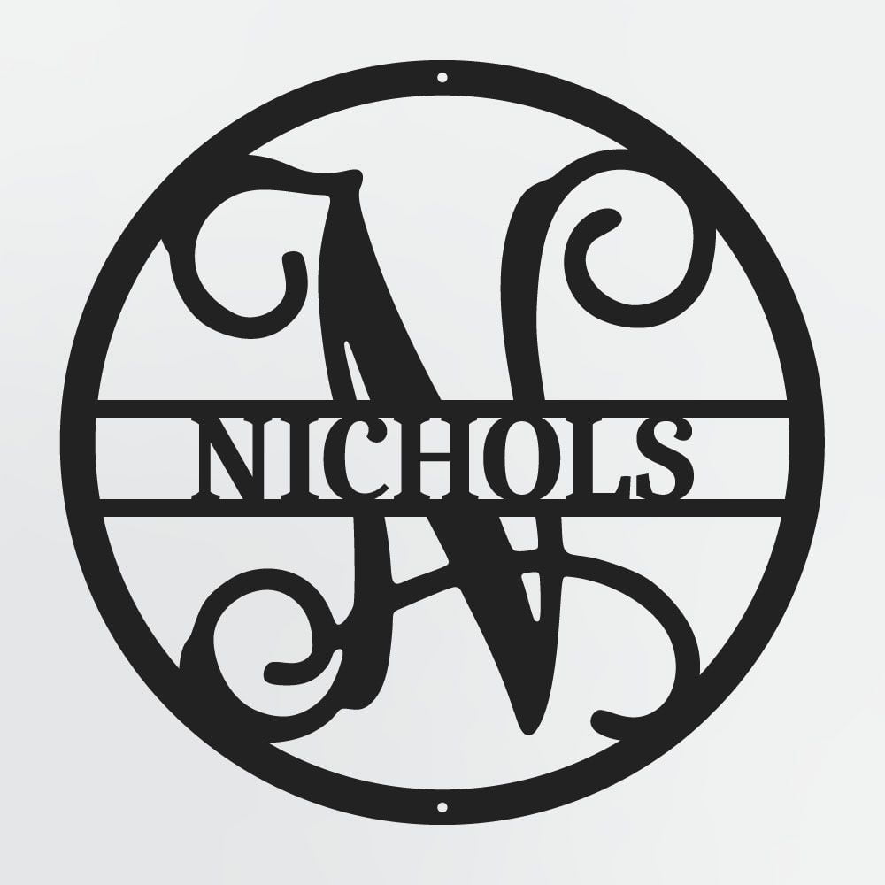 Curly Script Split Letter Monogram In Circle, Personalized Metal Family Name Sign