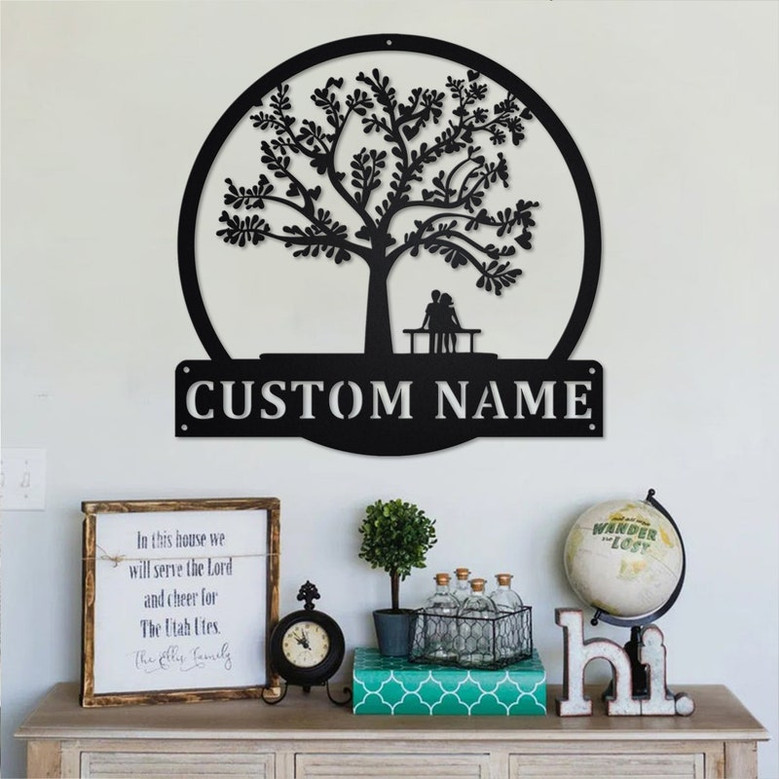 Custom Couple Love Tree Heart Metal Wall Art, Personalized Couple Love Name Sign Decoration For Room, Couple Love Tree Heart Home Decor