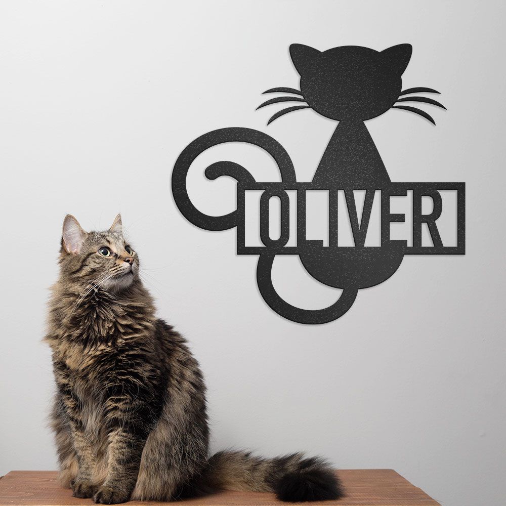 Cat Sign With Custom Name, Personalized Metal Wall Art Of Curly Tailed Cat Sitting Pretty