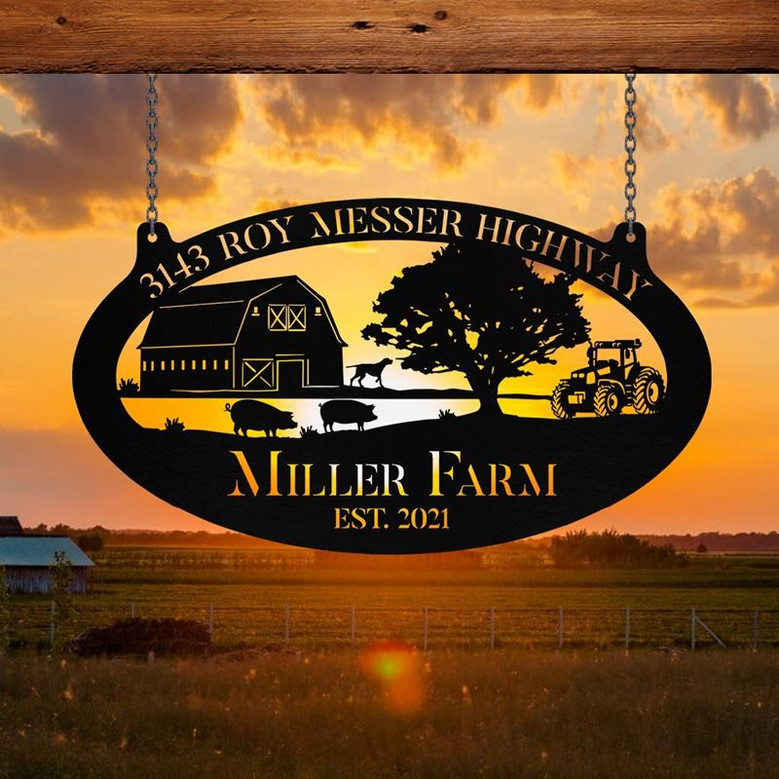 Personalized Metal Farm Sign Barn Dog Pig Tractor Monogram Custom Outdoor Farmhouse Front Gate Wall Decor Art Gift