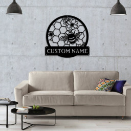 Personalized Honey Bee Monogram Metal Sign Art, Custom Honey Bee Metal Wall Art, Bee Antler Decor, Housewarming Outdoor Metal Sign
