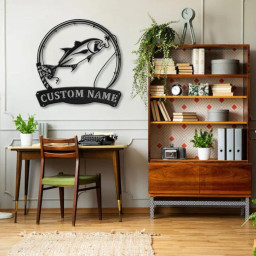 Personalized Giant Trevally Fishing Fish Pole Metal Sign Art | Custom Giant Trevally Fishing Monogram Metal Sign | Fishing Gifts