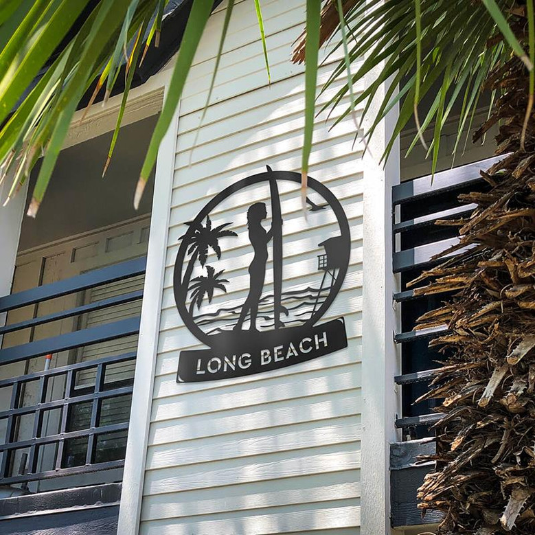 Custom Longboard Female Surfer Monogram Metal Sign Decor, The Best Summer Decor