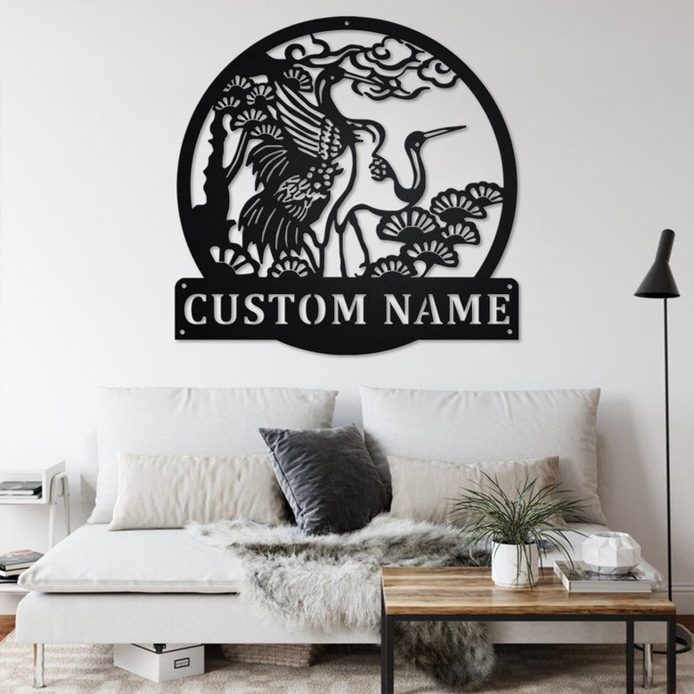 Custom Cranes Pine Tree Metal Wall Art, Personalized Crane Name Sign Decoration For Room, Crane Home Decor, Custom Crane, Crane Animal Lover