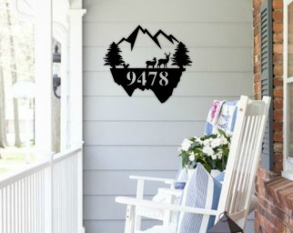 Deer and Mountain Scene Metal Sign-Personalized Metal Address Sign-Customized with House Number-Outdoor Metal Sign-Cabin Decor Sign