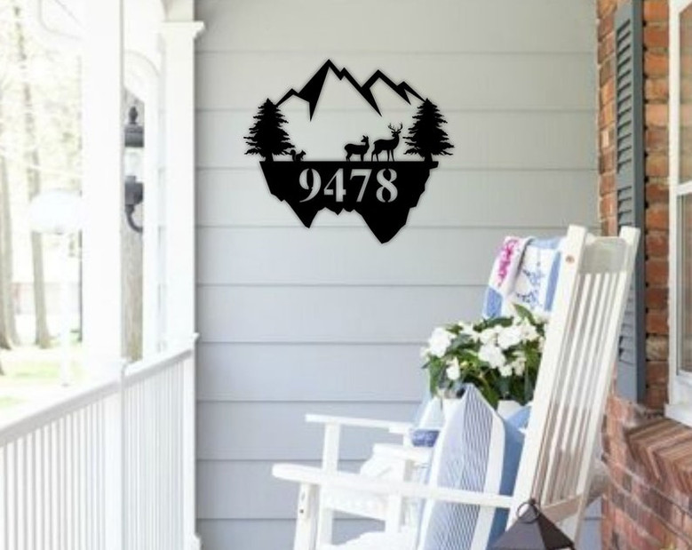 Deer and Mountain Scene Metal Sign-Personalized Metal Address Sign-Customized with House Number-Outdoor Metal Sign-Cabin Decor Sign