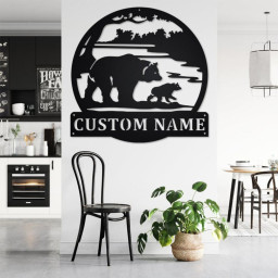 Custom Bear & Cub Scenic Metal Wall Art, Personalized Bear Name Sign Decoration For Room, Bear Home Decor, Custom Bear,Bear Metal Wall Decor