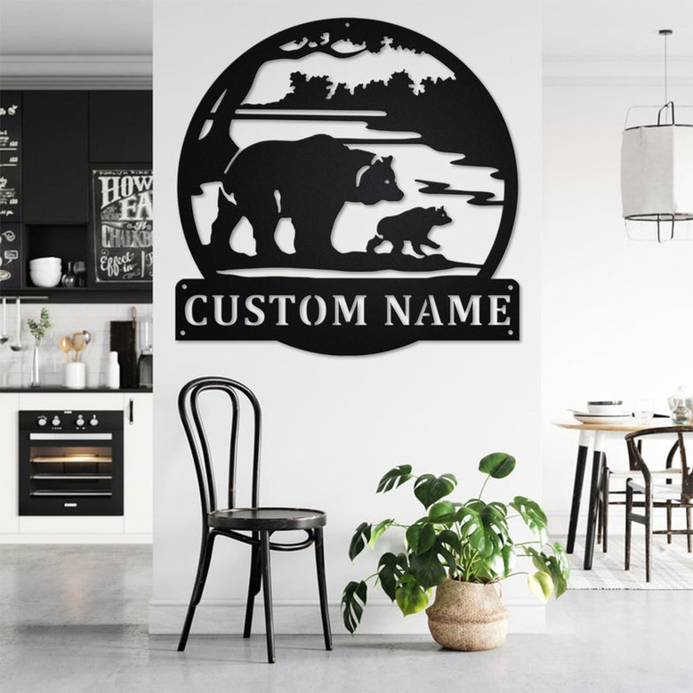 Custom Bear & Cub Scenic Metal Wall Art, Personalized Bear Name Sign Decoration For Room, Bear Home Decor, Custom Bear,Bear Metal Wall Decor
