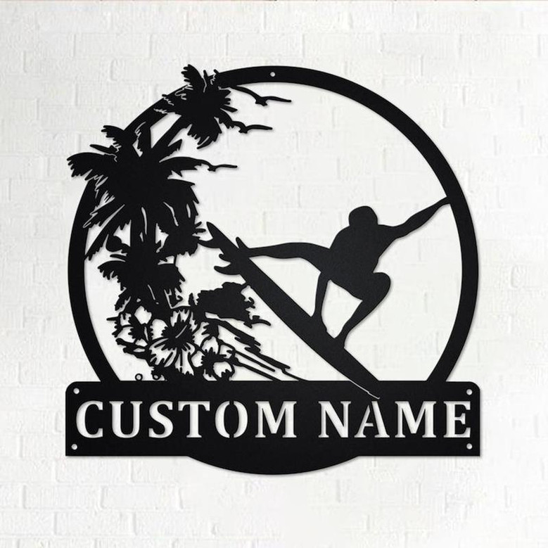 Custom Surfing Sunset Metal Wall Art, Personalized Surfer Name Sign Decoration For Room, Surfing Metal Home Decor, Custom Surfing Sunset
