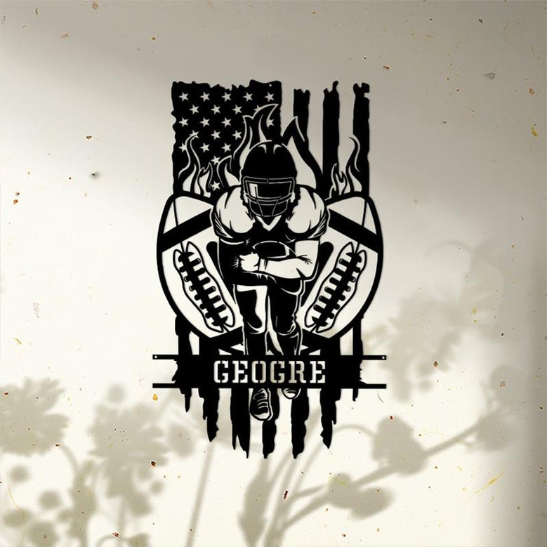 Personalized US Football Player With US Flag Metal Sign, Sport Wall Art With Custom Name For Home Decor, Birthday Gift, Football Gift