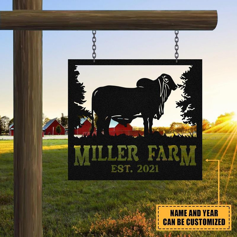Personalized Metal Farm Sign Brahman Cattle Cow Monogram Custom Outdoor Farmhouse Ranch Front Gate Wall Decor Art Gift