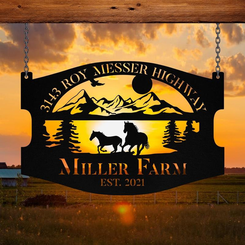Personalized Metal Wild Horse Sign Monogram Custom Outdoor Farm Farmhouse Ranch Stable Acres Wall Decor Art Gift