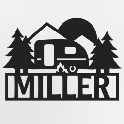 Camping Metal Sign With Trailer, Campfire, Custom Name, Optional Lot Number