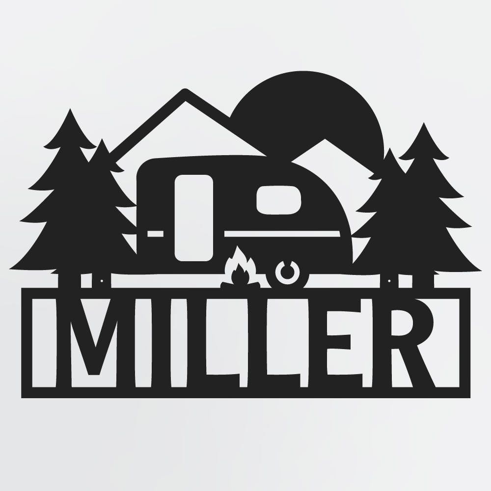 Camping Metal Sign With Trailer, Campfire, Custom Name, Optional Lot Number