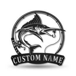 Personalized Marlin Fishing Fish Pole Metal Sign Art | Custom Marlin Fishing Metal Sign | Marlin Fishing Gifts for Men | Marlin Fishing Gift