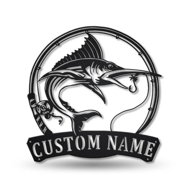 Personalized Marlin Fishing Fish Pole Metal Sign Art | Custom Marlin Fishing Metal Sign | Marlin Fishing Gifts for Men | Marlin Fishing Gift