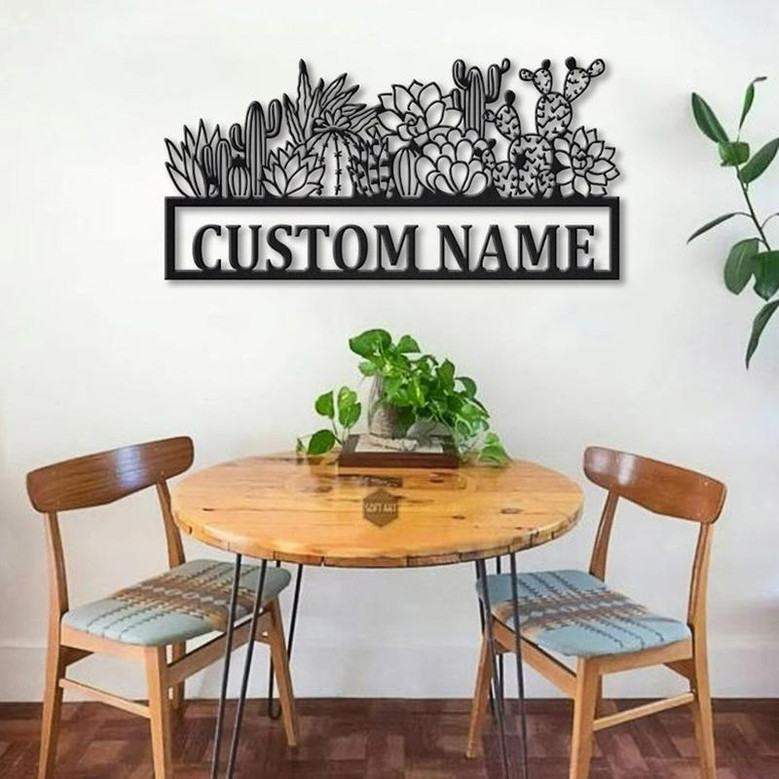 Personalized Cactus Border Monogram Metal Sign Art Custom Cactus Border Metal Sign Cactus Border Lover Sign Decoration For Living Room