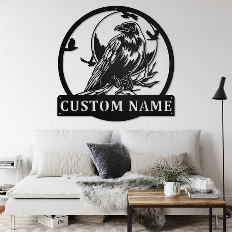 Custom Raven Bird Metal Wall Art, Personalized Raven Name Sign Decoration For Room,Raven Metal Decor