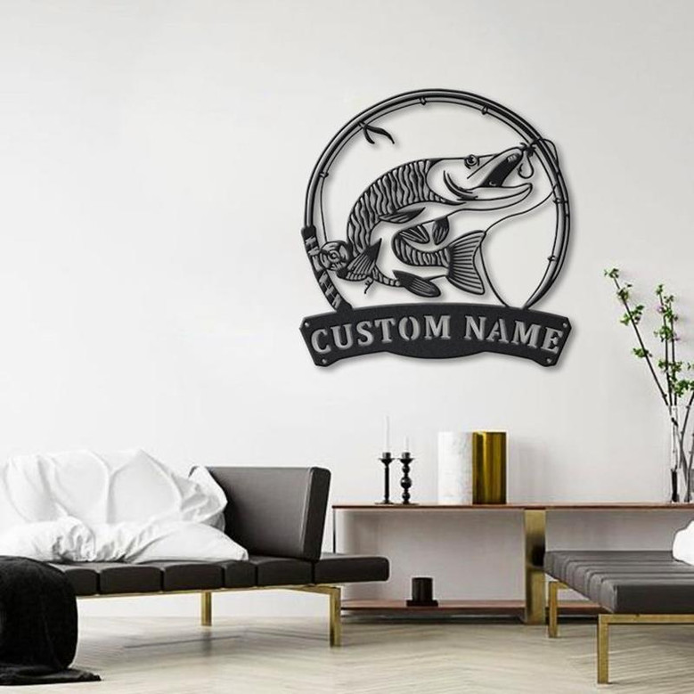 Personalized Tiger Muskellunge Fish Pole Metal Sign Art | Custom Tiger Muskellunge Metal Sign | Tiger Muskellunge Gift | Decor Decoration