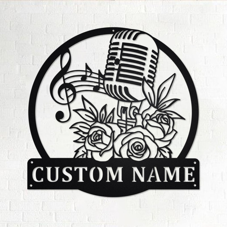 Custom Floral Microphone Metal Wall Art, Personalized Microphone Name Sign Decoration For Room, Microphone Metal Home Decor, Microphone