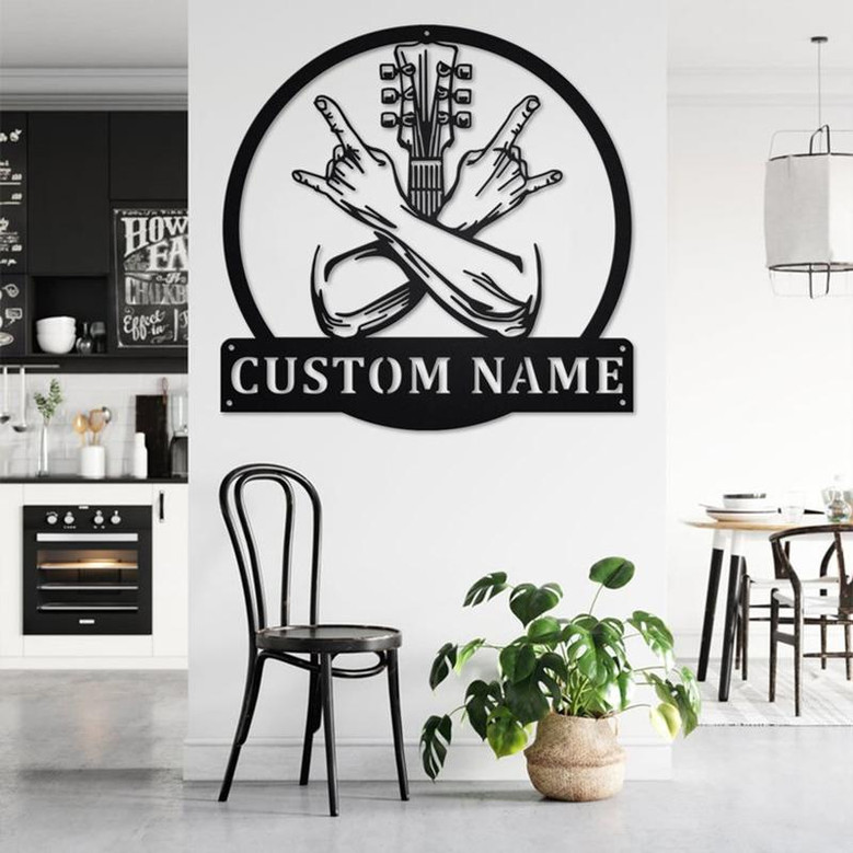 Custom Rock Crossed Hands Metal Wall Art, Personalized Rocker Name Sign Decoration For Room, Guitar Rock Metal Home Decor, Custom Rocker